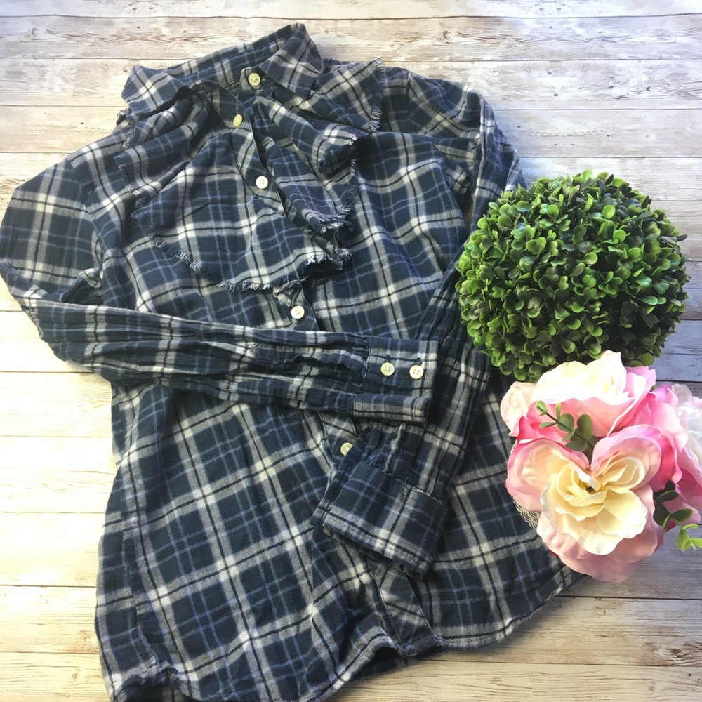 Banana Republic Blue Plaid Flannel Ruffle Shirt - Picture 3 of 16